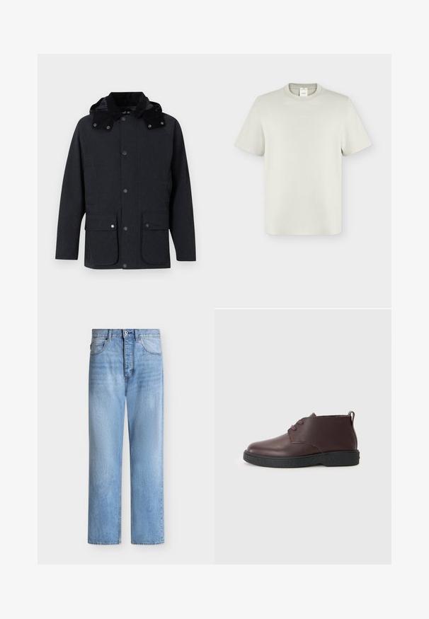 Veste grise foncée pour homme avec capuche, fermeture à boutons sur le devant, deux grandes poches à rabat avec boutons-pression, et manches longues.; T-shirt blanc cassé à manches courtes et col rond, avec petit logo Calvin Klein centré sur la poitrine et étiquette visible à l'intérieur du col.; Jean droit en denim bleu clair avec fermeture par bouton et zip, poches avant et arrière, et passants de ceinture à la taille.; Bottine en cuir bordeaux avec un bout rond, deux œillets pour les lacets, semelle noire texturée et une languette au talon.