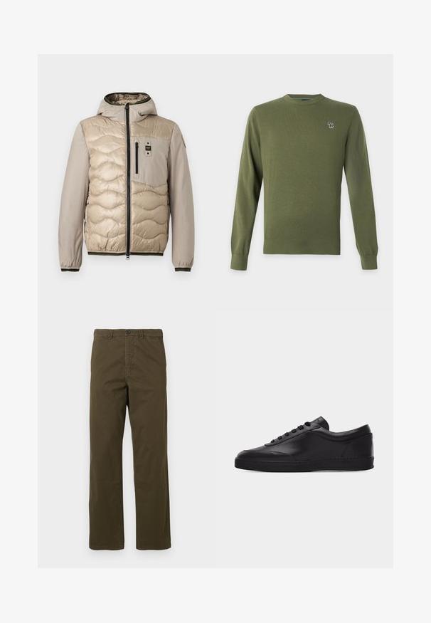 Doudoune beige avec un motif matelassé, capuche et fermeture éclair sur le devant. Elle comprend une poche poitrine et des poignets côtelés avec des bordures contrastantes.; Pull en maille vert olive à manches longues avec poignets et ourlet côtelés, orné d'un petit logo animalier multicolore sur la poitrine gauche.; Pantalons en coton marron pour hommes, coupe droite, avec passants de ceinture, bouton frontal et fermeture éclair sur fond clair.; Baskets basses en cuir noir avec lacets sur le devant et semelle en caoutchouc plate, vues de côté sur un fond blanc uni.
