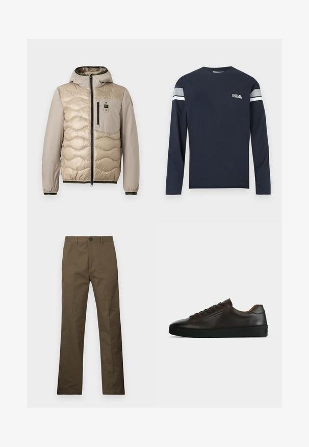 Doudoune beige avec un motif matelassé, capuche et fermeture éclair sur le devant. Elle comprend une poche poitrine et des poignets côtelés avec des bordures contrastantes.; T-shirt à manches longues bleu marine en tissu de coton, doté d'un col rond, d'une bande blanche et grise sur les manches, et d'un petit logo sur la poitrine.; Pantalon en coton brun à coupe droite, avec une fermeture à bouton et des poches latérales, exposé sur un fond blanc.; Baskets basses en cuir marron foncé avec semelle en caoutchouc noire, lacets à l'avant et design minimaliste épuré sur fond clair.