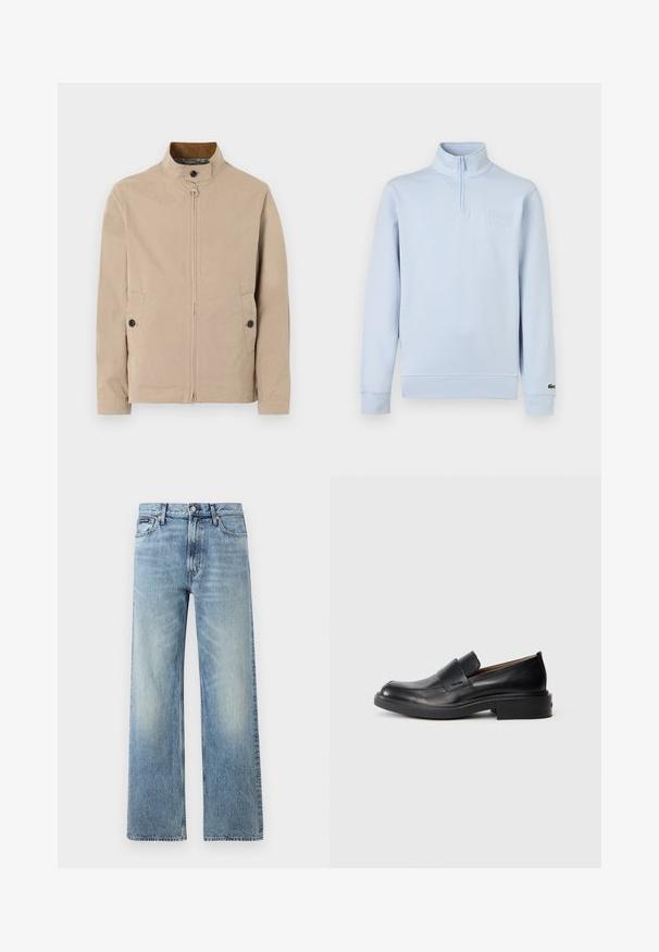 Veste beige pour homme avec col montant, fermeture éclair à l'avant, patte boutonnée au col, poches latérales à boutons, et manches longues.; Pull-over à manches longues bleu clair avec fermeture éclair quart de zip, col montant, patch de marque embossé sur la poitrine, et petit logo sur le poignet gauche.; Jean droit en denim bleu clair avec taille haute, cinq poches, fermeture à boutons et léger délavage sur les cuisses et les genoux.; Chaussure habillée noire en cuir, à enfiler, avec un petit talon et un logo Calvin Klein discret sur le côté, présentée de profil sur un fond blanc.