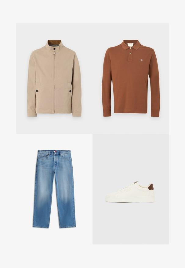 Veste beige pour homme avec col montant, fermeture éclair à l'avant, patte boutonnée au col, poches latérales à boutons, et manches longues.; Polo marron à manches longues en coton avec une patte de boutonnage à trois boutons et un logo brodé sur la poitrine. Texture lisse.; Jean en denim bleu clair à jambes droites, cinq poches, fermeture par bouton et légère décoloration à l'avant des cuisses et des genoux.; Baskets blanches basses avec lacets crème, une languette de talon marron et le logo "GANT" doré sur le côté, présentées de profil sur un fond uni.