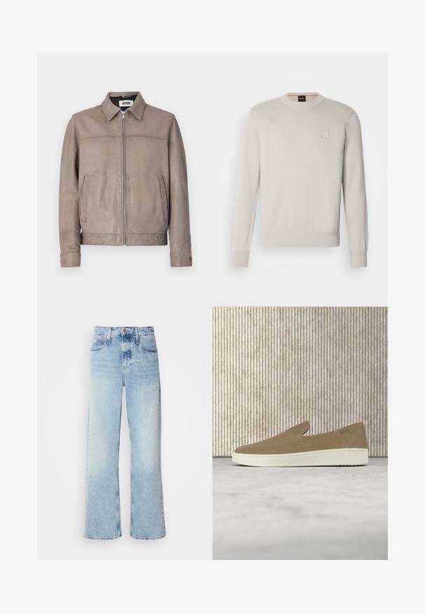 Brun læderjakke med spredt krave, frontlynlås og to sidelommer, med en glat tekstur og minimalistisk design.; Lys beige striktrøje med lange ærmer, rund halsudskæring, ribbede kanter og manchetter, med et lille rektangulært logo på brystet.; Lysblå vide jeans med høj talje, der har en falmet finish, bæltestropper og klassisk fem-lomme design. Kantene er rå.; Beige slip-on sko med hvid sål, vist i luften over et lyst tæppe med ravfarvet gennemsigtigt møblement i baggrunden.