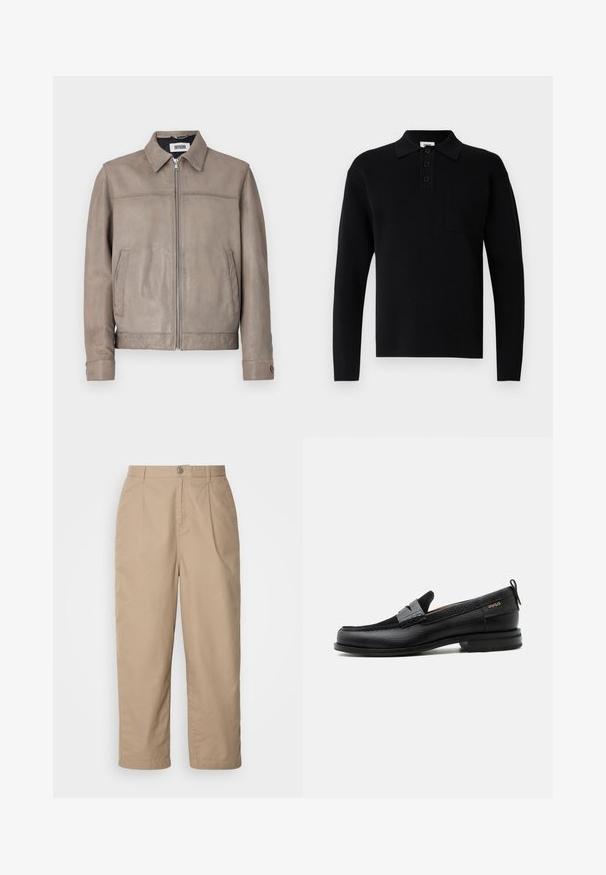 Brun læderjakke med spredt krave, frontlynlås og to sidelommer, med en glat tekstur og minimalistisk design.; Sort langærmet poloshirt lavet af blødt materiale, med krave, tre-knaps lukning og en lille brystlomme.; Beige, lette bomuldsbukser med plisset front, knaplukning og lige ben, der har en glat tekstur og ingen synlige mønstre.; Sort læderloafer med grå remdetalje, lav hæl og tekstureret sål, mærket med "HUGO" i guld på siden.
