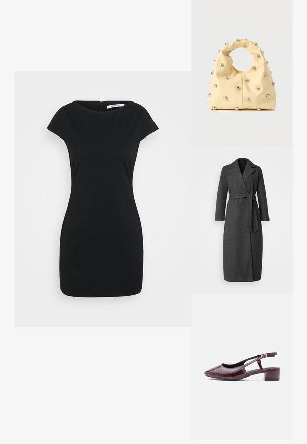 Lang donkergrijs wollen blend jas met een kraag, een ceintuur in de taille en zijsplitten. Gladde textuur met minimale details op de zakken.; Zwarte jurk met een getailleerde silhouet, korte mouwen, ronde halslijn en een verborgen ritssluiting aan de achterkant. Glad stof zonder patronen of accenten.; Bordeaux slingback schoen met een spitse neus, krokodillenpatroon textuur, uitgesneden zijkanten en een lage blokhak met een bandje met een gesp.; Zachte gele handtas met een ronde handgreep, versierd met gelijkmatig geplaatste kleine zilveren metalen studs op een glad oppervlak.