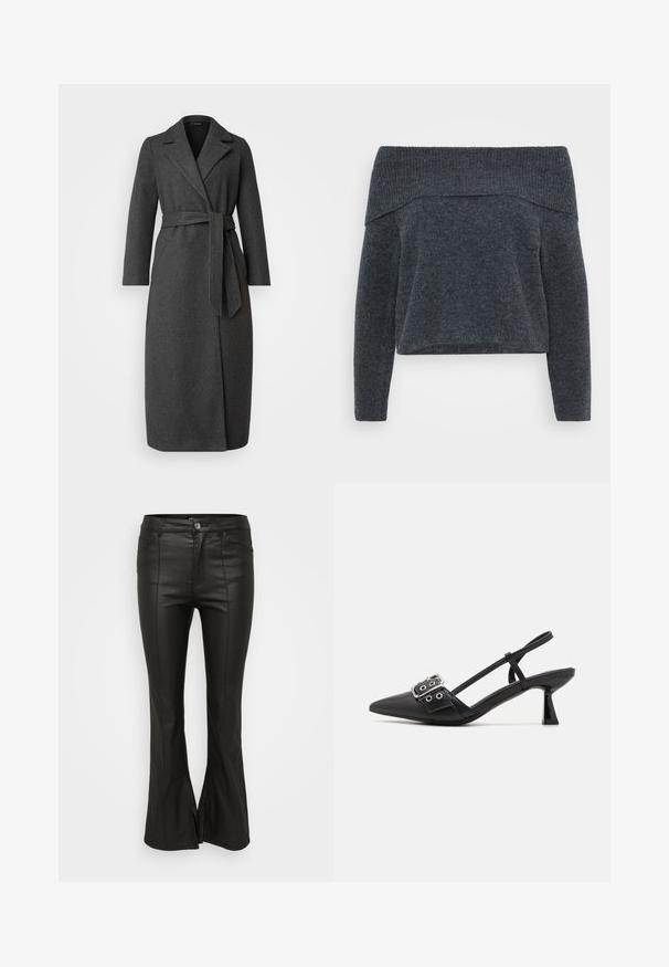 Lang mørk grå uldblandingsfrakke med krave, bæltet talje og sideskår. Glat tekstur med minimal detaljering på lommerne.; Off-the-shoulder mørkegrå sweater med ribbet halsudskæring og lange ærmer. Blød tekstur og løs pasform, designet til et afslappet look.; Sorte udvidede bukser med en skinnende, læderlignende tekstur, der har frontlommer, knaplukning og slids i siderne ved kanten.; Simmi London DALA - Pumps - black