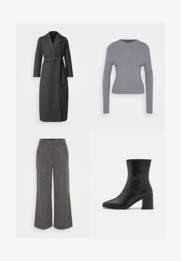 Lang mørk grå uldblandingsfrakke med krave, bæltet talje og sideskår. Glat tekstur med minimal detaljering på lommerne.; Grå ribbet langærmet sweater med rund hals og tætsiddende silhuet, præsenteret på en ensfarvet hvid baggrund.; Grå hættebukser med bred benvidde og en tætsiddende talje, udstyret med en plisseret front og et blødt, tekstureret stof.; Sorte læder ankelstøvle, spids tå, glat tekstur, mellemhøj blokhæl, minimalistisk design og syede detaljer langs kraven.