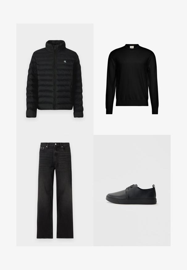 Schwarze Steppjacke mit hohem Kragen, Reißverschluss vorne und Seitentaschen. Verfügt über ein gesteppte Muster und ein kleines weißes Logo auf der Brust.; Schwarzer Pullover mit langem Arm und Rundhalsausschnitt, mit gerippten Bündchen und Saum, versehen mit einem kleinen weißen Markenetikett innen am Halsausschnitt.; Schwarze Jeans mit geraden Beinen, fünf Taschen, Gürtelschlaufen und Knopfverschluss, auf weißem Hintergrund dargestellt.; Schwarze Leder-Sneaker mit glatter Oberfläche, abgerundeter Zehenpartie, gleichfarbiger Nähte, schnürbarem Vorderteil und flacher Gummisohle. Schlaufe an der Ferse.