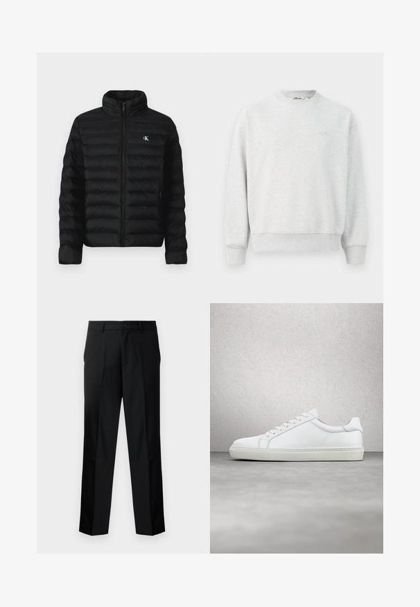 Sort dunjakke med høj krave, lynlås foran og sidelommer. Har quiltet mønster og lille hvidt logo på brystet.; Grå sweatshirts med rund hals, ribbede ærmer og bund. Lavet af et blødt stof, med et lille logo på brystet.; Sorte skræddersyede bukser med lige snit, der har knaplukning, lynlås og bæltestropper. Glat stof med sidelommer.; Hvide sneakers med en glat læderoverdel og lav profil. Har en rund tå, seks snørehuller og en tekstureret gummisål.