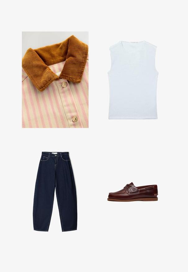 Geknoopt shirt met een bruine corduroy kraag, roze en crèmekleurige verticale strepen en metalen knopen. Textuurverschillen tussen kraag en lichaam.; Mouwloos wit katoenen singletje met ronde hals en een eenvoudig, effen ontwerp.; Donkerblauwe denim broek met een losse fit, voorzien van vijf zakken, contrasterende stiksels en een ritsluiting aan de voorkant.; Bruine leren boot schoen met veters, stiksel details en Timberland-logo aan de zijkant, weergegeven op een witte achtergrond.