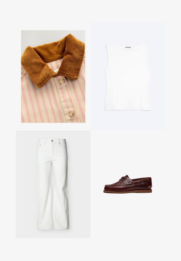 Geknoopt shirt met een bruine corduroy kraag, roze en crèmekleurige verticale strepen en metalen knopen. Textuurverschillen tussen kraag en lichaam.; Wit nauwsluitend mouwloos tanktopje met een ronde halslijn en minimalistisch ontwerp, met het label "WEEKDAY" aan de binnenkant van de kraag.; Witte jeans met rechte pijpen en hoge taille, voorzien van een knoopsluiting aan de voorkant, rits, en zij- en achterzakken, tegen een effen lichte achtergrond.; Bruine leren boot schoen met veters, stiksel details en Timberland-logo aan de zijkant, weergegeven op een witte achtergrond.