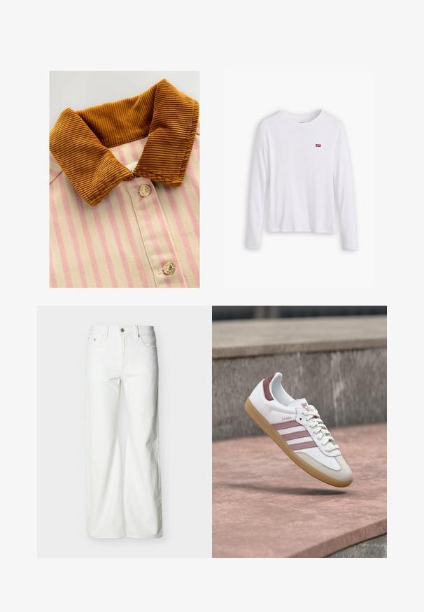 Geknoopt shirt met een bruine corduroy kraag, roze en crèmekleurige verticale strepen en metalen knopen. Textuurverschillen tussen kraag en lichaam.; Witte lange mouwen shirt van zachte katoen. Bevat een klein rood Levi's logo op de linkerborst. Klassiek ronde hals ontwerp.; Witte jeans met rechte pijpen en hoge taille, voorzien van een knoopsluiting aan de voorkant, rits, en zij- en achterzakken, tegen een effen lichte achtergrond.; Witte en roze Adidas Samba sneaker met rubberen zool die zweeft boven een stenen oppervlak met een vervaagde stenen muur op de achtergrond.