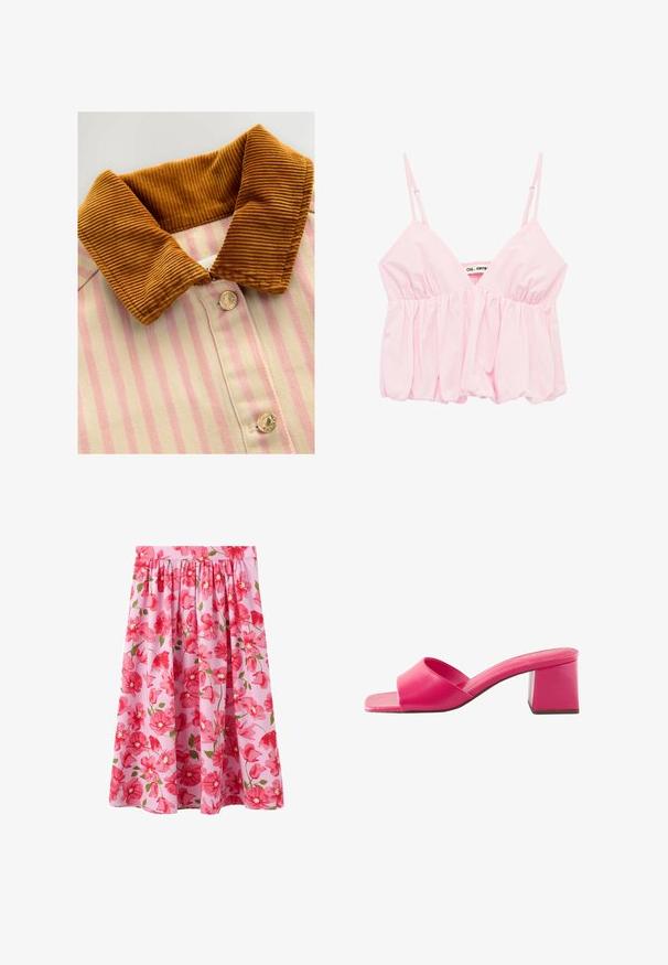 Geknoopt shirt met een bruine corduroy kraag, roze en crèmekleurige verticale strepen en metalen knopen. Textuurverschillen tussen kraag en lichaam.; Lichtroze spaghetti bandjes cropped top met geplooide, opgeblazen stof en een diepe V-hals.; Roze geplooide rok met felrode en roze bloemenprint en groene bladeren, knielengte, lichtgewicht stof.; Roze open-toe mule met brede bovenband en blokhak, met een vierkante neus en een glad leren afwerking.