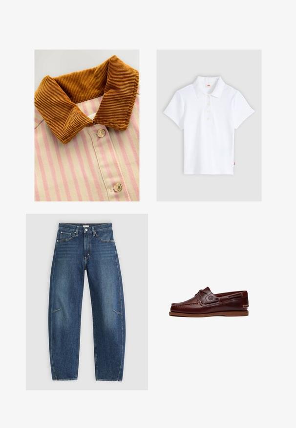 Skjorte med krave i brun kordfløjl, pink og creme lodrette striber samt metalknapper. Teksturen kontrasterer mellem kraven og kroppen.; Hvid kortærmet ribbet poloshirt med krave og fire knapper, lagt fladt ud på en lysegrå baggrund.; Mørkeblå denim jeans med lige ben-design, der har forkæbbes lommer, kontrastsyninger og en subtil falmet tekstur på benene.; Brun læder bådsko med snørre, syningsdetaljer og Timberland-logo på siden, vist på en hvid baggrund.