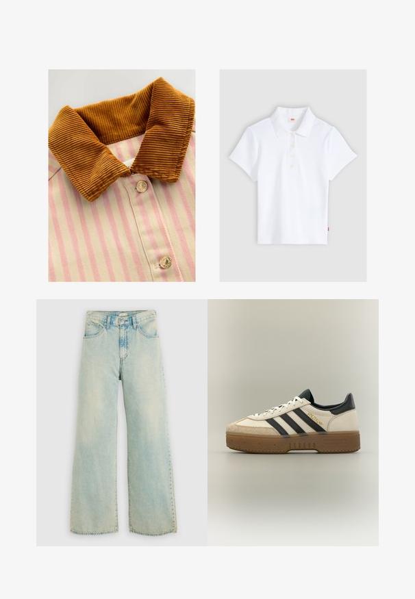 Geknoopt shirt met een bruine corduroy kraag, roze en crèmekleurige verticale strepen en metalen knopen. Textuurverschillen tussen kraag en lichaam.; Wit kortärmelig geribd poloshirt met kraag en vier knopen, plat gelegd op een lichtgrijze achtergrond.; Lichtblauwe denim wijd uitlopende jeans met een hoge taille, vervaagde afwerking, vijfzakkenontwerp en rechte pijpen met een onafgewerkte zoom.; Witte Adidas sneaker met zwarte strepen, beige suède neus, bruine zool en "SPEZIAL" in gouden letters aan de zijkant.