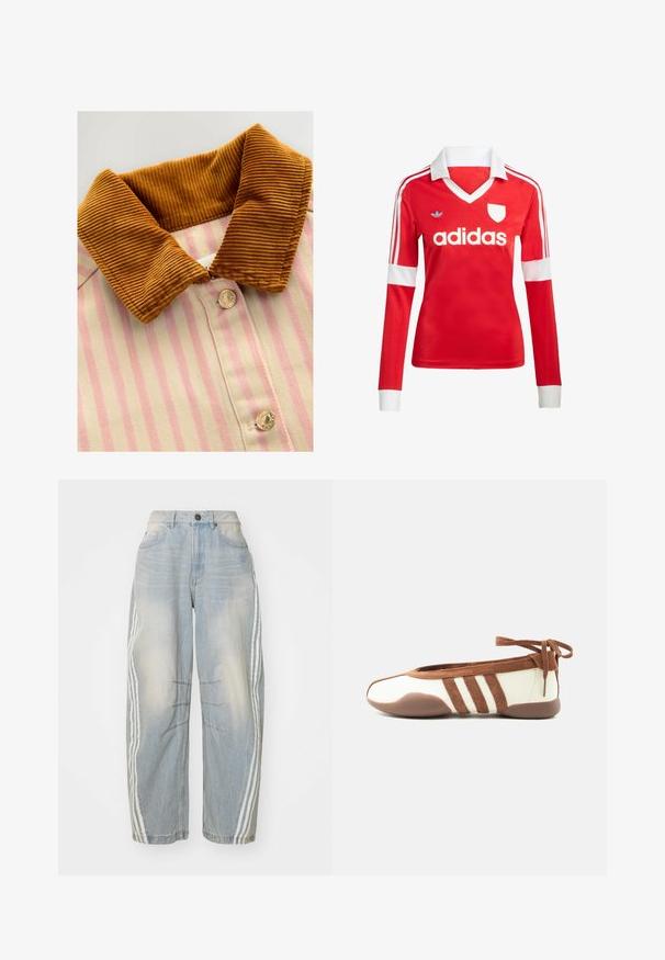 Geknoopt shirt met een bruine corduroy kraag, roze en crèmekleurige verticale strepen en metalen knopen. Textuurverschillen tussen kraag en lichaam.; Rode lange mouwen voetbalshirt met een witte kraag en manchetten. Heeft drie witte strepen op de schouders en het "adidas" logo prominent weergegeven.; Lichtblauwe denim jeans met een losse pasvorm, voorzien van witte strepen aan de zijkanten, verweringdetails en een knoopsluiting in de taille.; Slanke beige en bruine ballerinaschoen met ronde neus, drie zijstrepen, zachte zool en enkelstriksluiting tegen een effen witte achtergrond.
