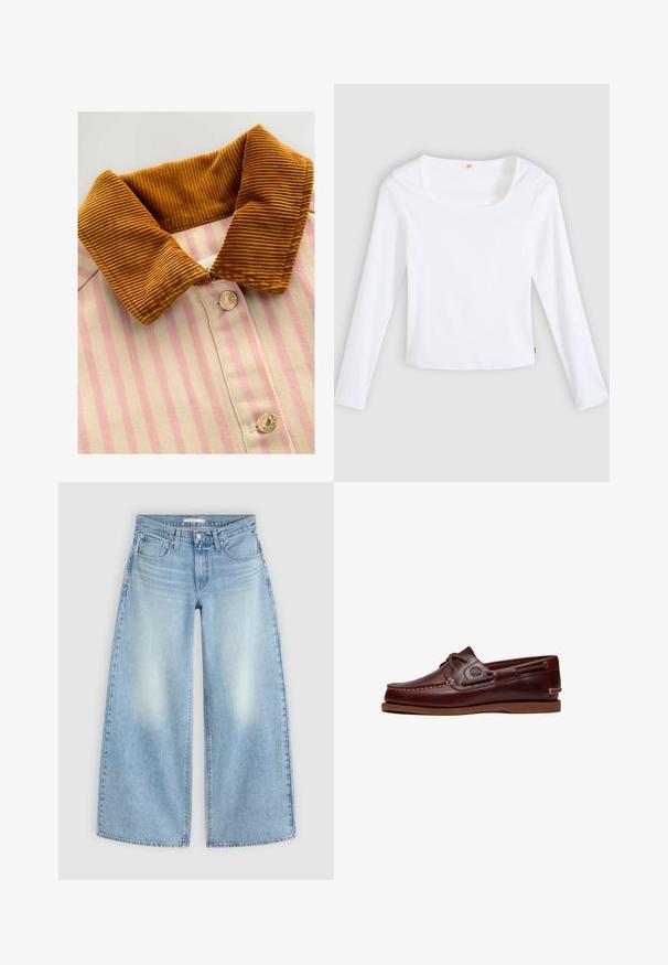 Geknoopt shirt met een bruine corduroy kraag, roze en crèmekleurige verticale strepen en metalen knopen. Textuurverschillen tussen kraag en lichaam.; Witte longsleeve t-shirt van geribbelde stof, met een vierkante halslijn en een aansluitend model, voorzien van een klein logotag aan de zijkant.; Lichtblauwe high-waisted wijde jeans met voorzakken, lussen voor een riem en vervaagde plekken op de dijen, plat gelegd op een lichte achtergrond.; Bruine leren boot schoen met veters, stiksel details en Timberland-logo aan de zijkant, weergegeven op een witte achtergrond.