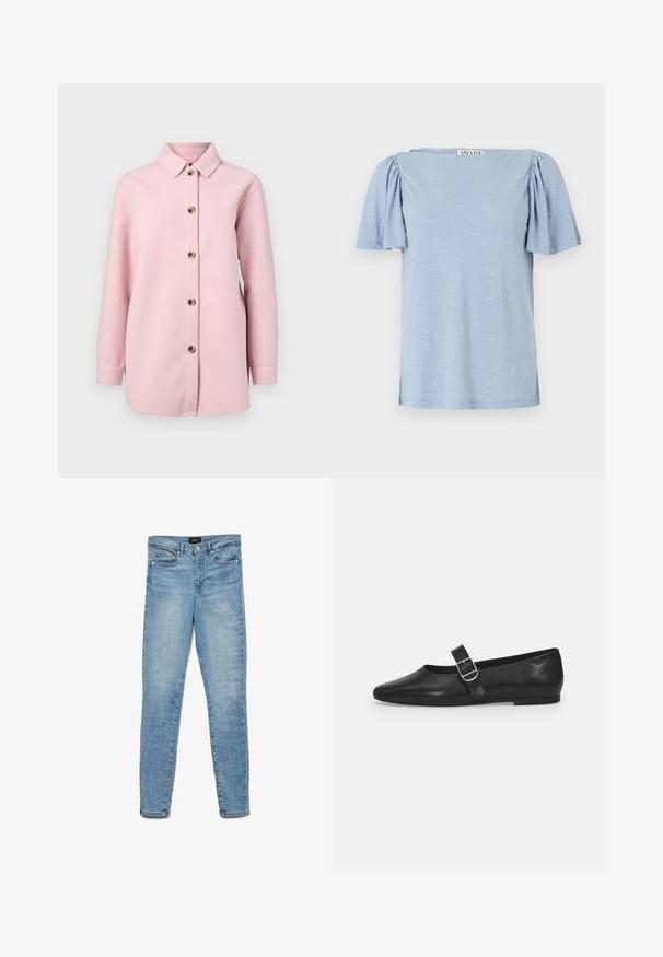 Camisa chaqueta de botón de color rosa claro, hecha de una tela suave, con cuello, mangas largas y seis botones marrones en el frente.; Blusa corta de manga corta en azul claro con mangas abullonadas y escote cuadrado. Elaborada con un material suave con un acabado ligeramente texturizado.; Jeans ajustados de color azul claro desvanecido con botón frontal y diseño de cinco bolsillos, dispuestos planos sobre un fondo blanco.; Zapato plano de cuero negro con punta redondeada, una sola correa ajustable con hebilla y una textura suave y brillante. Diseño minimalista con un tacón bajo.