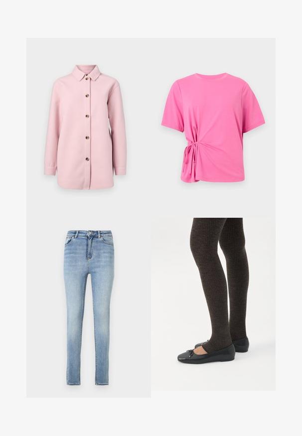 Camisa chaqueta de botón de color rosa claro, hecha de una tela suave, con cuello, mangas largas y seis botones marrones en el frente.; Camiseta de manga corta de color rosa, confeccionada con tela suave, que presenta un detalle de nudo en el lado izquierdo para un aspecto fruncido.; Jeans ajustados de denim azul claro, con una cintura alta, un ligero desgaste, un diseño estándar de cinco bolsillos y una cremallera con cierre de botón.; Piernas con leggings oscuros acanalados combinados con bailarinas negras que presentan pequeños detalles de lazo sobre un fondo blanco.