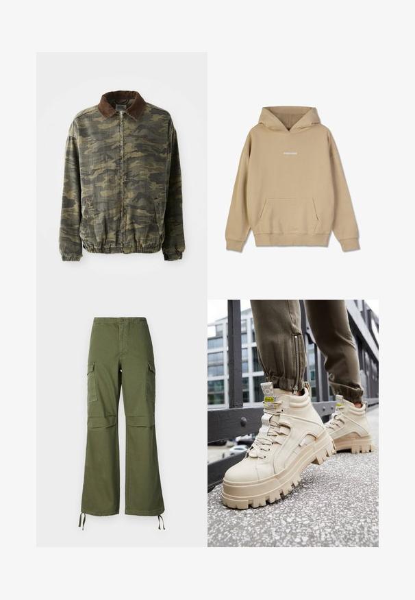 Jasperjack in een camouflagepatroon in kaki en donkergroen, gemaakt van stevige stof. Beschikt over een bruine corduroy kraag en elastische manchetten en zoom.; Beige hoodie gemaakt van katoenachtig materiaal. Beschikt over een voorzak en een witte "PEGADOR" logo op de borst.; Olijfgroene cargobroek van katoen, met een brede pijpdesign, twee zijzakken en verstelbare touwen aan de zoom.; Beige hoge sneakers met een chunky, gestructureerde zool, vetersluiting en gele accentlabels. Gestructureerde leren bovenkant met contrasterende stiksels.