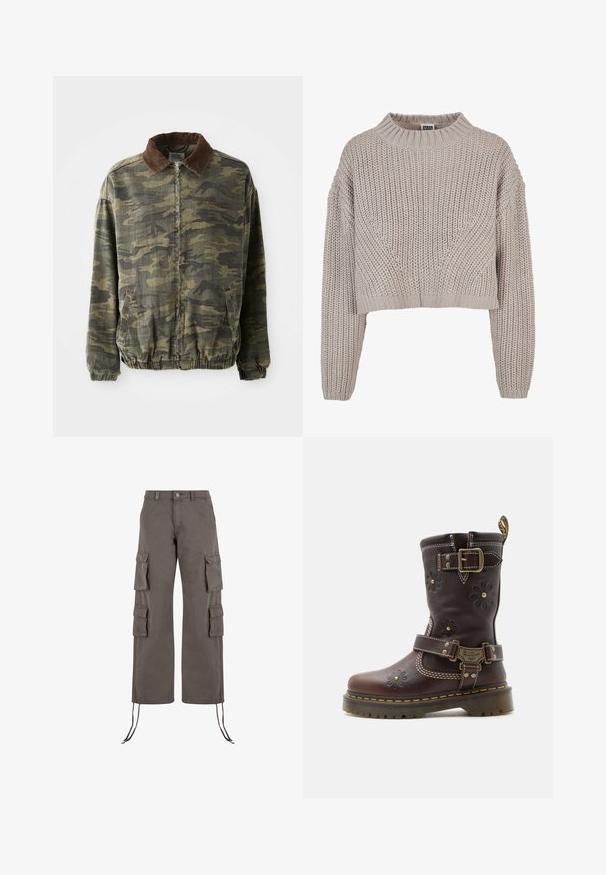 Jasperjack in een camouflagepatroon in kaki en donkergroen, gemaakt van stevige stof. Beschikt over een bruine corduroy kraag en elastische manchetten en zoom.; Beige grof gebreide cropped trui met lange mouwen en geribbelde ronde hals en manchetten.; Cargo broeken in donkergrijs, gemaakt van stevig materiaal. Kenmerkend zijn zes zakken, wijde pijpen en verstelbare trekkoorden aan de zoom.; Bruine leren laars tot halverwege de kuit met gegraveerde bloemenmotieven, twee verstelbare messing gespen, gele stiksels en een robuuste zool.