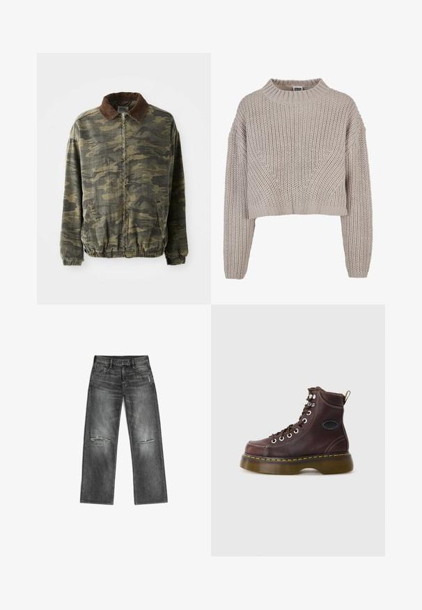 Jasperjack in een camouflagepatroon in kaki en donkergroen, gemaakt van stevige stof. Beschikt over een bruine corduroy kraag en elastische manchetten en zoom.; Beige grof gebreide cropped trui met lange mouwen en geribbelde ronde hals en manchetten.; Zwarte vervaagde rechtvaardige jeans met versleten gaten op de knieën en een klassiek vijf-pocket ontwerp, plat gelegd op een witte achtergrond.; Bruine leren enkelboot met een gestructureerd oppervlak, zilveren ogen en gele stiksels. Voorzien van een stevige doorzichtige zool en een trekband.