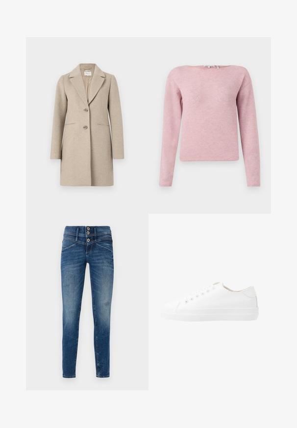 Beige villa-sekoitustuotteen takki, jossa on muotoutuva siluetti, viilto-lapelsolitus, kahden napin sulku ja sivutaskut. Sileä rakenne, minimalistinen muotoilu.; TOM TAILOR DENIM SOFT BOAT NECK - Neule - antique rose; Kapeen farkut tummansinisestä denimistä, jossa on haalistunut pinta, korkea vyötärö, kaksinappinen kiinnitys ja kulutustekstiili jaloissa.; Valkoiset kangaskengät matalalla varrella, pyöreä kärki, kuusi rei'itystä ja rakenteellinen kumipohja. Sujuva materiaali, jossa on minimoitu koristeellisuus.