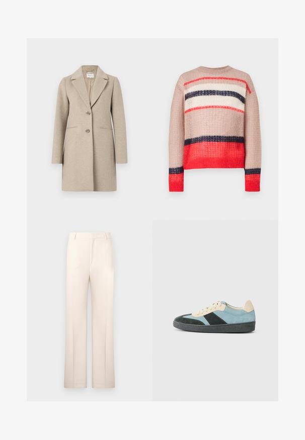 Beige Wollmischungsjacke mit taillierter Silhouette, reverierter Kragen, Zwei-Knopf-Verschluss und Seitentaschen. Glatte Textur, minimalistisches Design.; Strickpullover mit lockerem Schnitt, gestreift in Rot, Marineblau, Creme und Beige. Strukturierter Stoff mit geripptem Halsausschnitt und Saum.; Beige maßgeschneiderte Hose mit geradem Schnitt, aus leichtem Stoff gefertigt. Sie verfügt über Vorderfalten und einen klassischen Bund.; Niedrigprofi-Sneaker in Hellblau, Dunkelgrün und beigem Wildleder mit schwarzer Sohle und beigen Schnürsenkeln, von der Außenseite gezeigt.