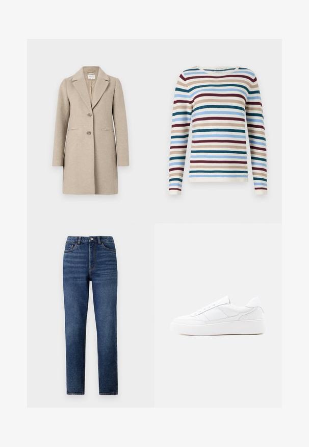 Beige wollen mixjas met een op maat gemaakte silhouet, notch-kraag, sluiting met twee knopen en zijzakken. Gladde textuur, minimalistisch ontwerp.; TOM TAILOR NEW OTTOMAN - Trui - teal-colored; Hoge taille blauwe denim jeans met rechte pijpen, voorzien van subtiele wassing, sluiting met één knoop en een vijf-pocket ontwerp.; Witte lage sneaker met dikke zool, veterontwerp en subtiele stikselaccenten op een effen lichte achtergrond.