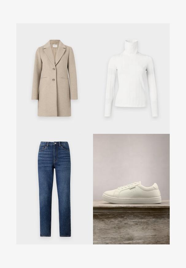Beige uld-blend frakke med skræddersyet silhuet, slagkrave, to-knaps lukning og sidelommer. Blød tekstur, minimalistisk design.; Hvid ribbet turtleneck sweater med lange ærmer, der har en høj krave og en glat tekstur. Pasformen er slank og tætsiddende.; Højtaljede blå denimjeans med lige ben, der har subtil slidmærkning, enkelt knaplukning og fem-lomme design.; Hvide lædersneakers med snørebånd svævende over en træbænk, grøn høj græs sløret i baggrunden udendørs.