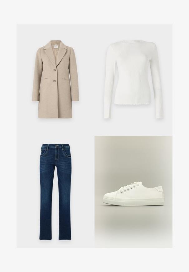 Beige uld-blend frakke med skræddersyet silhuet, slagkrave, to-knaps lukning og sidelommer. Blød tekstur, minimalistisk design.; TOM TAILOR DENIM WITH FRILL EDGE - Langærmet T-shirt - off white; Mørkeblå denim jeans med lige ben, fem lomme-design og standard knaplukning. Har diskrete syninger.; Hvid lavtop sneaker med hvide snørebånd og gummisål vist fra siden på en neutral baggrund.