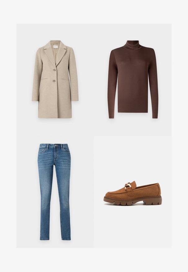 Beige wollen mixjas met een op maat gemaakte silhouet, notch-kraag, sluiting met twee knopen en zijzakken. Gladde textuur, minimalistisch ontwerp.; Bruine langarm turtleneck-top gemaakt van een gladde, rekbare stof. Heeft een hoge hals en een getailleerde pasvorm, met een nette zoom.; TOM TAILOR TTLENE SLIM FIT - Slim fit jeans - clean mid stone blue denim; Bruine suède instappers met een decoratieve goudkleurige kettingaccent, voorzien van een gestructureerde rubbere zool en een afgeronde neuzen design.
