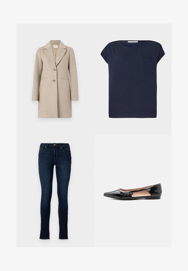 Beige uld-blend frakke med skræddersyet silhuet, slagkrave, to-knaps lukning og sidelommer. Blød tekstur, minimalistisk design.; Marineblå kortærmet T-shirt lavet af letvægtsstof. Har en enkelt lomme på venstre side og en afslappet pasform.; TOM TAILOR DENIM TTJONA SKINNY FIT - Jeans Skinny Fit - used dark stone blue denim; Sort laklæder flad sko med spids tå, sideudskæring og lille dekorativ sløjfe på ydersiden.