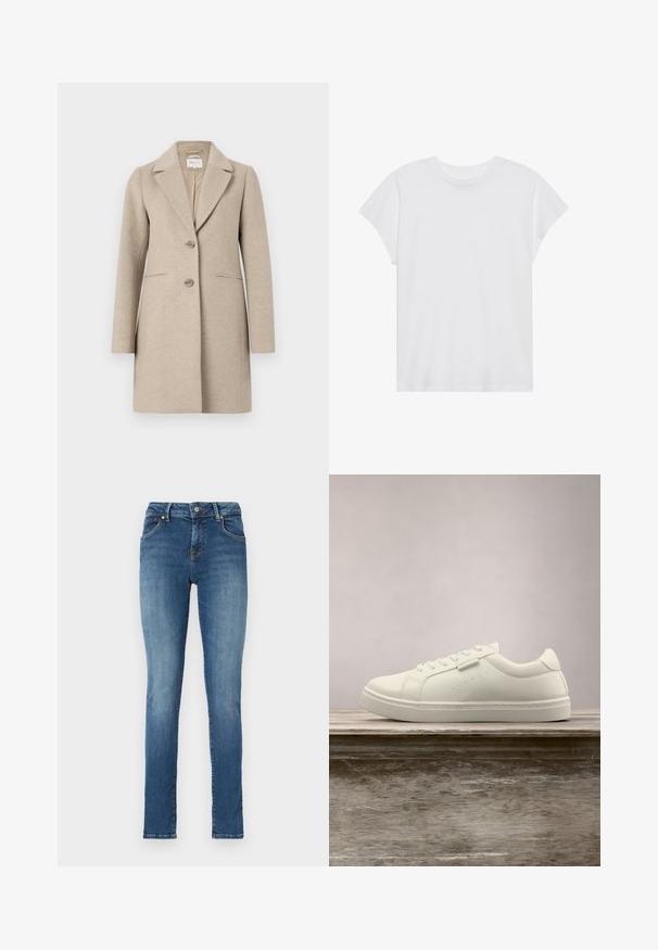 Beige wollen mixjas met een op maat gemaakte silhouet, notch-kraag, sluiting met twee knopen en zijzakken. Gladde textuur, minimalistisch ontwerp.; Witte t-shirt met korte mouwen, ronde hals, relaxte pasvorm, gemaakt van zacht katoen. Glad textuur, geen patronen of logo's.; Skinny jeans van denim in een middentonal blauwe wassingen met subtiele vervaging. Heeft vijf zakken en een metalen knoopsluiting.; Witte leren sneaker met veters die boven een houten bank zweeft, met groen lang gras dat op de achtergrond vervaagd is in de buitenlucht.