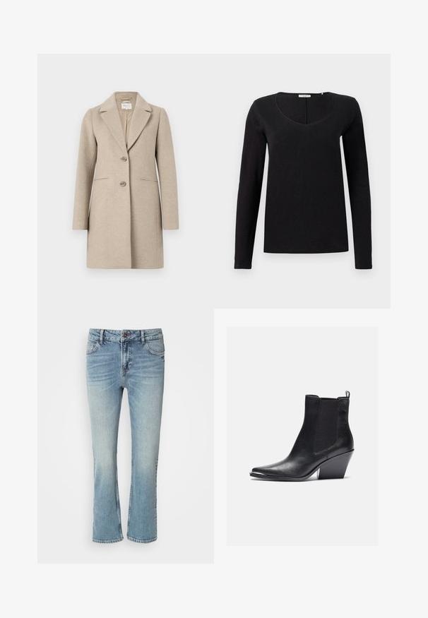 Beige uld-blend frakke med skræddersyet silhuet, slagkrave, to-knaps lukning og sidelommer. Blød tekstur, minimalistisk design.; Sort langærmet t-shirt med V-halsdesign, lavet af blødt stof med en glat tekstur. Enkel, klassisk snit uden udsmykninger.; Lys blå denimjeans med et lige ben-design, der har en knaplukning, fem lommer og slidte områder for en brugt effekt.; Sorte læder ankelstøvler med spids tå, elastiske sidepaneler og blokhæl. Finishen er glat med et strømlinet design.