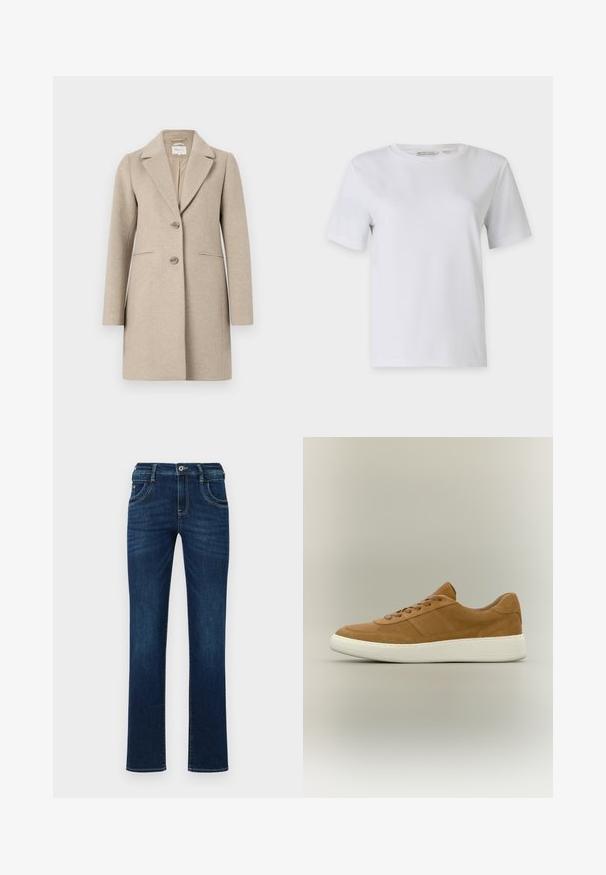 Beige uld-blend frakke med skræddersyet silhuet, slagkrave, to-knaps lukning og sidelommer. Blød tekstur, minimalistisk design.; Hvid kortærmet t-shirt lavet af glat bomuld. Har en rund hals og lige kant, uden mønstre eller udsmykninger.; Mørkeblå denim jeans med lige ben, fem lomme-design og standard knaplukning. Har diskrete syninger.; Brun lædersneaker med brune snørebånd og en tyk hvid gummisål på en neutral baggrund.