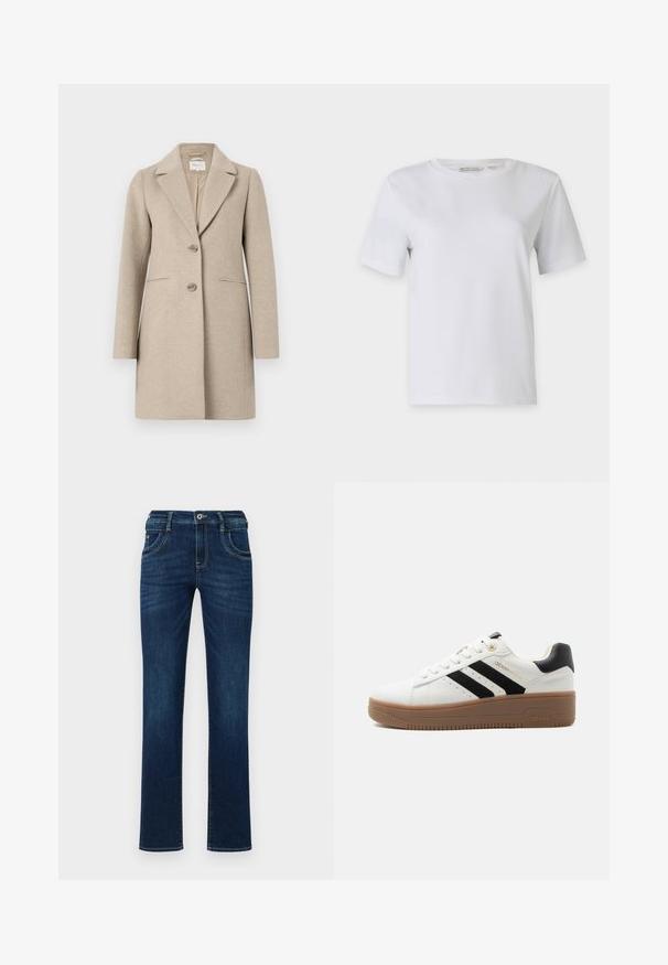 Beige uld-blend frakke med skræddersyet silhuet, slagkrave, to-knaps lukning og sidelommer. Blød tekstur, minimalistisk design.; Hvid kortærmet t-shirt lavet af glat bomuld. Har en rund hals og lige kant, uden mønstre eller udsmykninger.; Mørkeblå denim jeans med lige ben, fem lomme-design og standard knaplukning. Har diskrete syninger.; Hvid lavsko med sorte striber, brun gummiydersål, snørelukning foran og polstret sort hælkappe.