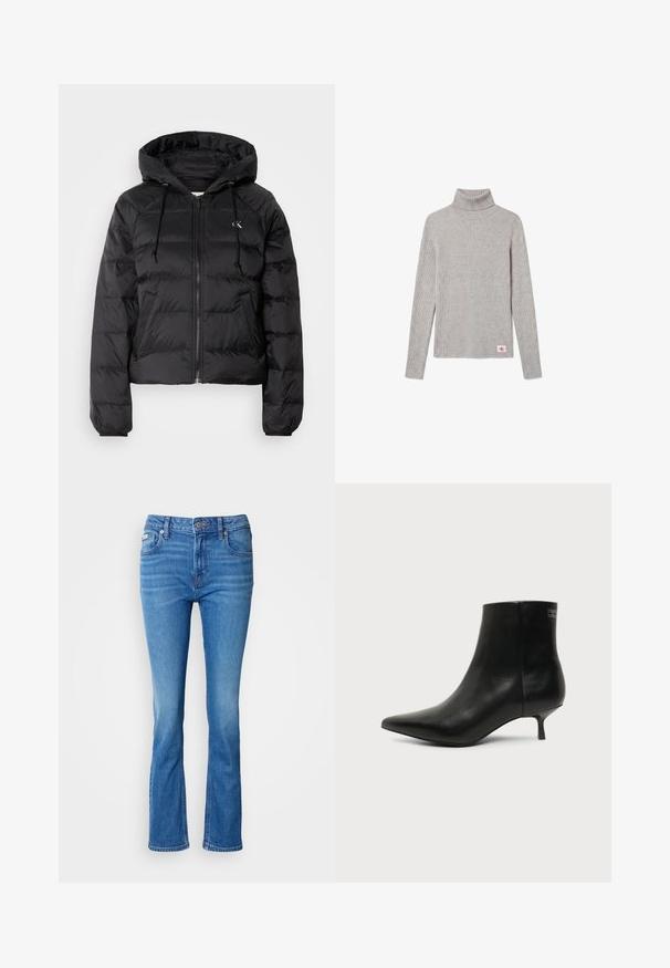 Calvin Klein Jeans LIGHTWEIGHT LOGO PUFFER - Vinterjakker - black; Lysegrå ribbet langærmet rullekravesweater med et lille rødt og hvidt CK-logo nær nederste kant.; Blå denim flared jeans med en mellemhøj talje, der har et klassisk fem-lomme design og en subtil affadet tekstur ved knæene.; Sort læder ankelstøvle med spids tå og lav kitten hæl på lys baggrund, der viser yderside.