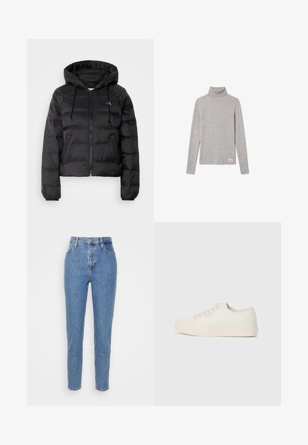 Calvin Klein Jeans LIGHTWEIGHT LOGO PUFFER - Vinterjakker - black; Calvin Klein Jeans LABEL ROLL NECK - Striktrøje - grey heather; Blå højtaljede lige jeans med frontknap og lynlås, bæltestropper og lommer, præsenteret på en ensfarvet hvid baggrund.; Sneakers lavet af off-white canvas, med et low-top design, rund tå og flad gummisål med diskrete syninger.