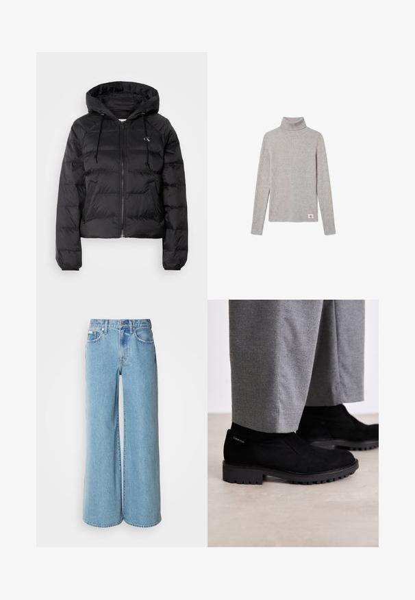 Calvin Klein Jeans LIGHTWEIGHT LOGO PUFFER - Winterjas - black; Lichtgrijze geribde coltrui met lange mouwen en een klein rood-wit CK-logo bij de onderzoom.; Lichtblauwe wijde jeans van denim, met een hoge taille, vijf pockets en subtiele vervaging langs de stof.; Zwarte suède enkellaarsjes met een rubberen zool, voorzien van een elastische zijpaneel en een logo-accent op de hak. Gecombineerd met grijze broeken.