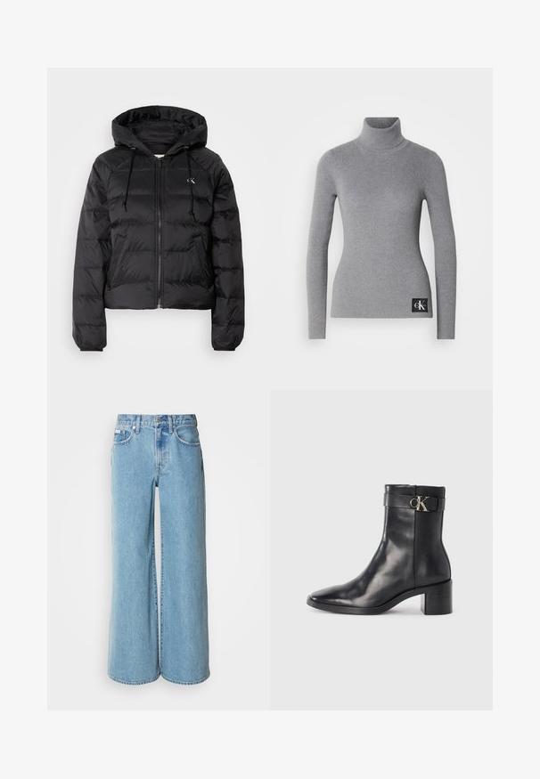 Calvin Klein Jeans LIGHTWEIGHT LOGO PUFFER - Talvejope - black; Halli ribatud kõrge kaelusega kampsun pikade varrukatega, keha lähedane disain ja must silt, millel on valged brändi initsiaalid all.; Heledad sinised laiad teksad, mis on valmistatud denimist, kõrgendatud taljega, viie tasku disainiga ja kerge pleekimisega kangal.; Must musta ankle boot terava nina, plokke konts ja rihm, millel on metalliline logo detail. Sile tekstuur ja minimaalne disain.