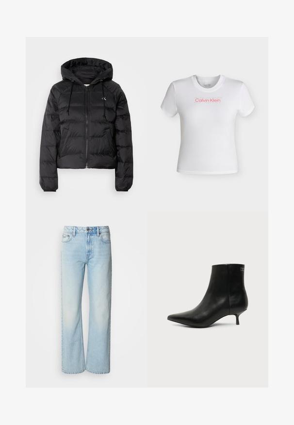 Calvin Klein Jeans LIGHTWEIGHT LOGO PUFFER - Winterjas - black; Witte korte mouw cropped t-shirt met ronde hals, met het "Calvin Klein" logo in rood en vage "SPORT" tekst erboven op de borst.; Lichtblauwe wijde jeans van denim, voorzien van een klassiek vijf-pocket ontwerp en een subtiele vervaagde textuur. Denimstiksels zijn zichtbaar.; Zwart leren enkellaars met puntige neus en lage kittenhak op lichte achtergrond, zijaanzicht buitenkant.