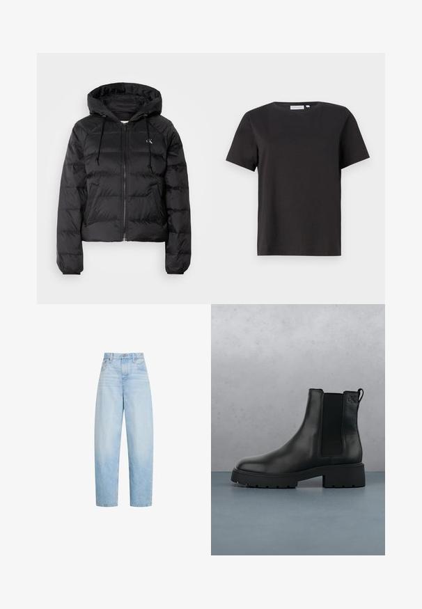 Calvin Klein Jeans LIGHTWEIGHT LOGO PUFFER - Vinterjakker - black; Sort bomulds T-shirt med korte ærmer, rund halsudskæring og et enkelt, rent design. Ingen synlige mønstre eller udsmykninger.; Lyseblå jeans med højtaljede og lige ben, med forlommer, bælteløkker og knaplukning.; Sort læder Chelsea-boot med elastiske sidepaneler, tekstureret finish og en robust sål, placeret over brune træfliser med småsten.