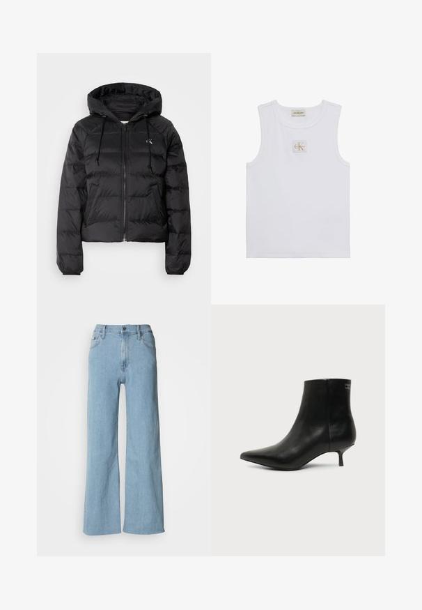 Calvin Klein Jeans LIGHTWEIGHT LOGO PUFFER - Zimná bunda - black; Biele tielko bez rukávov s nápisom Calvin Klein Jeans na hrudi a štítkom pri výstrihu na jednofarebnom bielom pozadí.; Svetlomodré široké džínsy vyrobené z denimu, s upnutým pásom, piatimi vreckami a jemnými švovými detailmi.; Čierna kožená členková šnúrovacia obuv s ostrou špičkou a nízkym kitten podpätkom na svetlom pozadí, pohľad z vonkajšej strany.