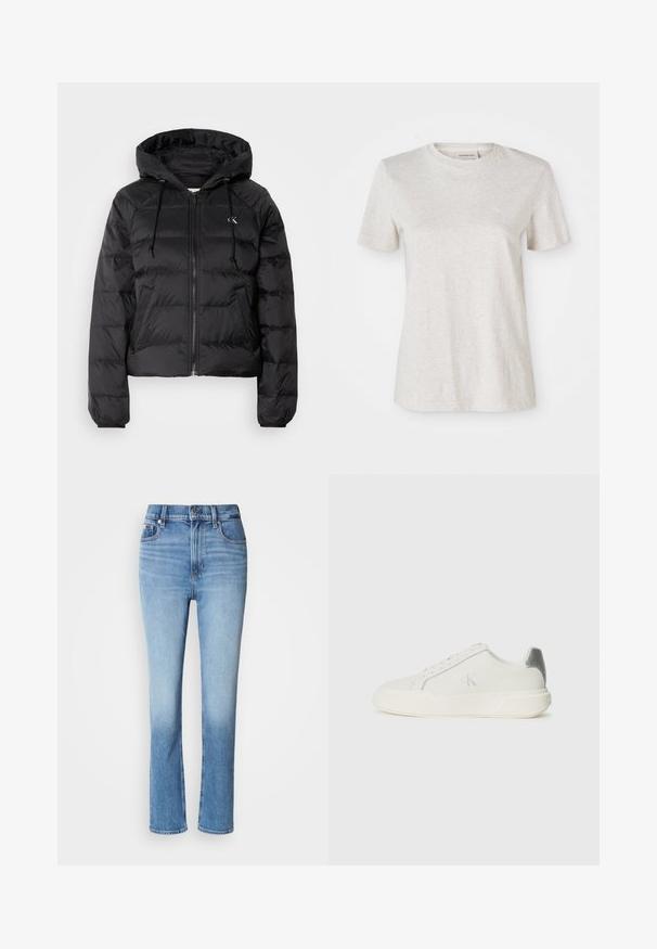 Calvin Klein Jeans LIGHTWEIGHT LOGO PUFFER - Vinterjakker - black; Lys grå kortærmet T-shirt lavet af en blød bomuldsblanding, med en rund halsudskæring og et lille broderet logo på brystet.; Blå denimjeans med høj talje, lige ben-design, falmede farvegradient og fem-lomme stil. Metalknap- og lynlås-lukning.; Hvide sneakers lavet af læder med en glat tekstur, forsynet med en sølvaccent på hælen, flad sål og minimalistisk design.