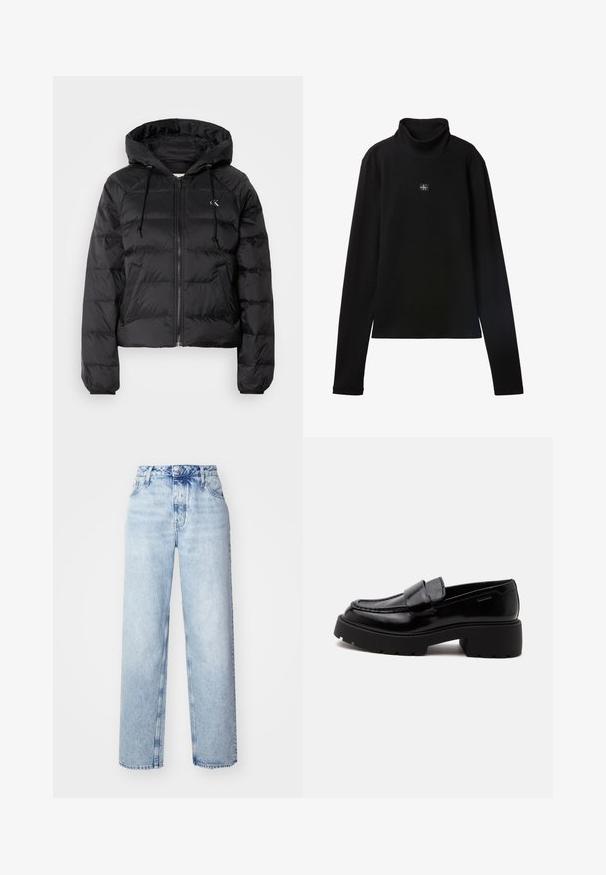 Calvin Klein Jeans LIGHTWEIGHT LOGO PUFFER - Vinterjakker - black; Sort ribstrikket bluse med lange ærmer og lille firkantet Calvin Klein-logo placeret centralt på brystet.; Lyseblå højtaljede jeans med løs pasform, der har lige ben, fem lommer og en klassisk knap- og lynlåslukning.; Sort blank læderloafer med chunky sål og lav blokhæl, sidesyning og en bred rem over toppen.