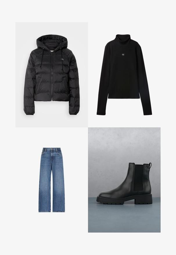 Calvin Klein Jeans LIGHTWEIGHT LOGO PUFFER - Zimná bunda - black; Čierny rebrovaný top s dlhým rukávom a rolákom s malou štvorcovou nášivkou s logom Calvin Klein uprostred na hrudi.; Modré rifle s vysokým pásom a širokými nohavicami, predné zapínanie na gombík a zips, šľapky na opasok a klasický piatipozdriový dizajn.; Čierne kožené Chelsea čižmy s elastickými bočnými panelmi, textúrovaným povrchom a robustnou podrážkou, umiestnené nad hnedými drevenými dlaždicami s kamienkami.
