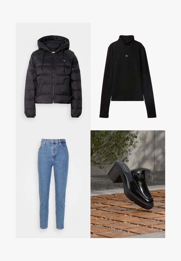 Calvin Klein Jeans LIGHTWEIGHT LOGO PUFFER - Winterjas - black; Zwarte geribde coltrui met lange mouwen en een klein vierkant Calvin Klein-logo midden op de borst.; Blauwe high-waisted straight-leg jeans met een knoop en rits aan de voorkant, riemlussen en zakken, weergegeven op een effen witte achtergrond.; Zwarte leren Calvin Klein slip-on mule met blokhak rustend op houten tegels buiten, vlak bij een groene plant en een grijze muur.