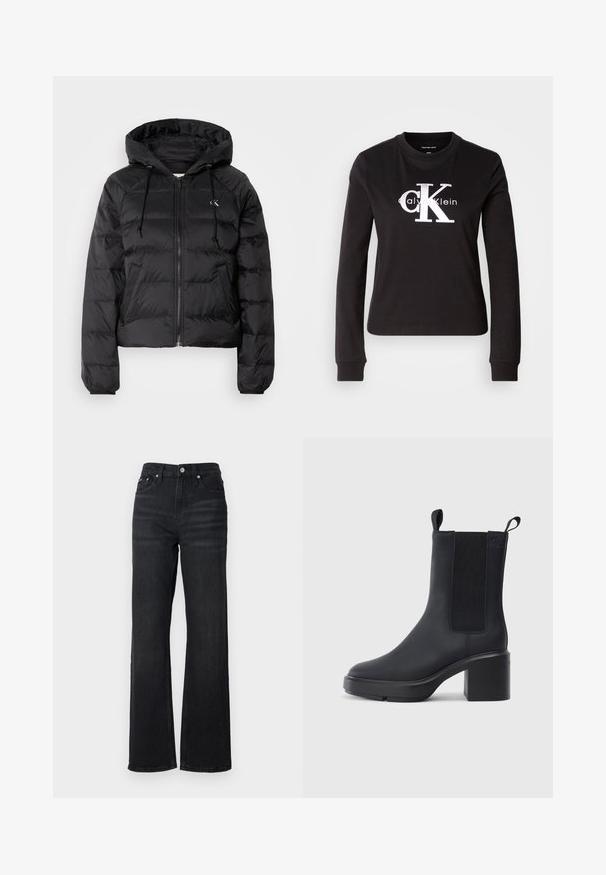 Calvin Klein Jeans LIGHTWEIGHT LOGO PUFFER - Zimná bunda - black; Čierne tričko s dlhým rukávom vyrobené z bavlny. Na prednej strane sa nachádza biele logo "Calvin Klein" a malé dizajn "CK". Klasický strih s okrúhlym výstrihom.; Čierne riflové široké nohavice s vysokým pásom, dizajnom s piatimi vreckami a strieborným kovovým gombíkom. Látka má hladkú textúru a jemný elastický pocit.; Čierne členkové topánky z hladkého gumového materiálu, s elastickými bočnými panelmi, blokovým podpätkom a sťahovacími pútkami na vrchu pre jednoduché obúvanie.