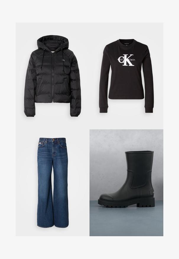 Calvin Klein Jeans LIGHTWEIGHT LOGO PUFFER - Vinterjakker - black; Sort langærmet T-shirt lavet af bomuld. Har et hvidt "Calvin Klein" logo og et lille "CK" design på forsiden. Klassisk crew neck-stil.; Bredde jeans lavet af mørkeblåt denim. Funktioner inkluderer en høj talje, fem lommer og kontrasterende orange syninger langs sømmene.; Sort mat læder ankelstøvle med tyk klodset sål, svævende over træfliser og små grå sten udendørs.