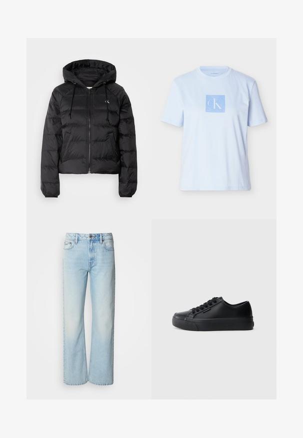Calvin Klein Jeans LIGHTWEIGHT LOGO PUFFER - Chaqueta de invierno - black; Camiseta de algodón azul claro con un logotipo gráfico cuadrado en un azul más oscuro. Mangas cortas y escote redondo con un corte relajado.; Vaqueros de pierna ancha azul claro confeccionados en denim, con un diseño clásico de cinco bolsillos y una sutil textura deslavada. La costura del denim es visible.; Zapatillas negras de cuero liso, con puntera redondeada, seis ojetes para cordones y suela gruesa de goma. Detalle del logo en el lateral.